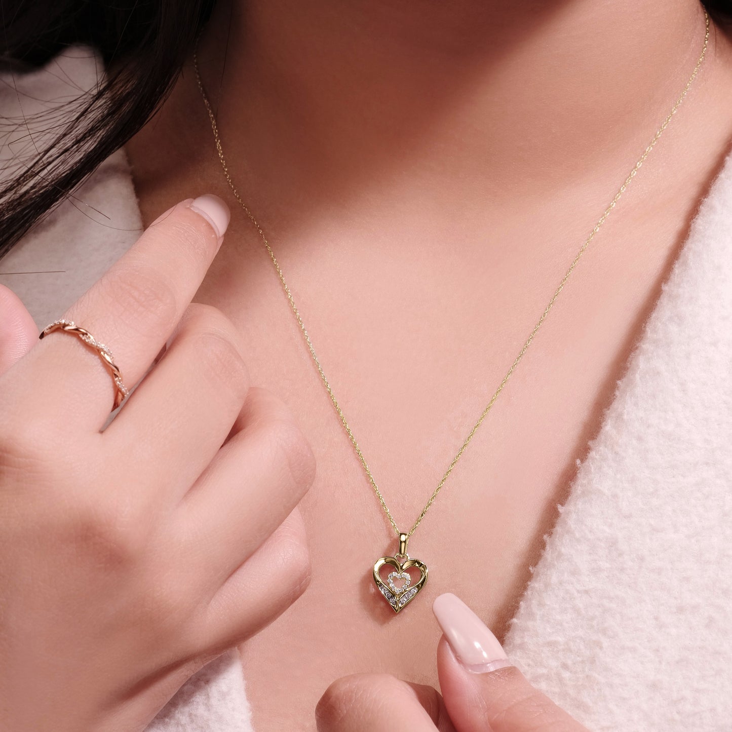 Two Heart Diamond Pendant Necklace in 10K Gold