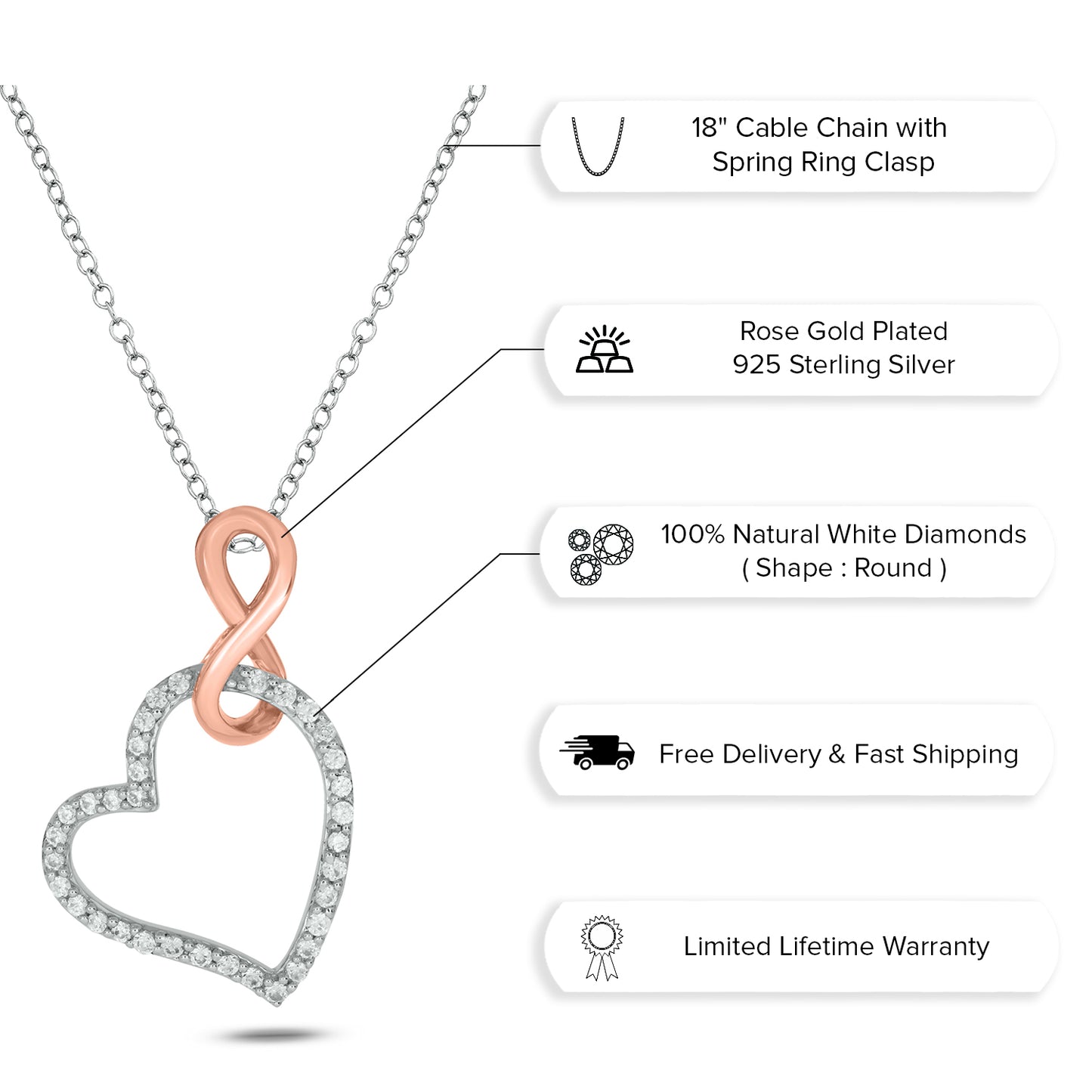 18K Gold Vermeil Diamond Infinity Heart Necklace Pendant