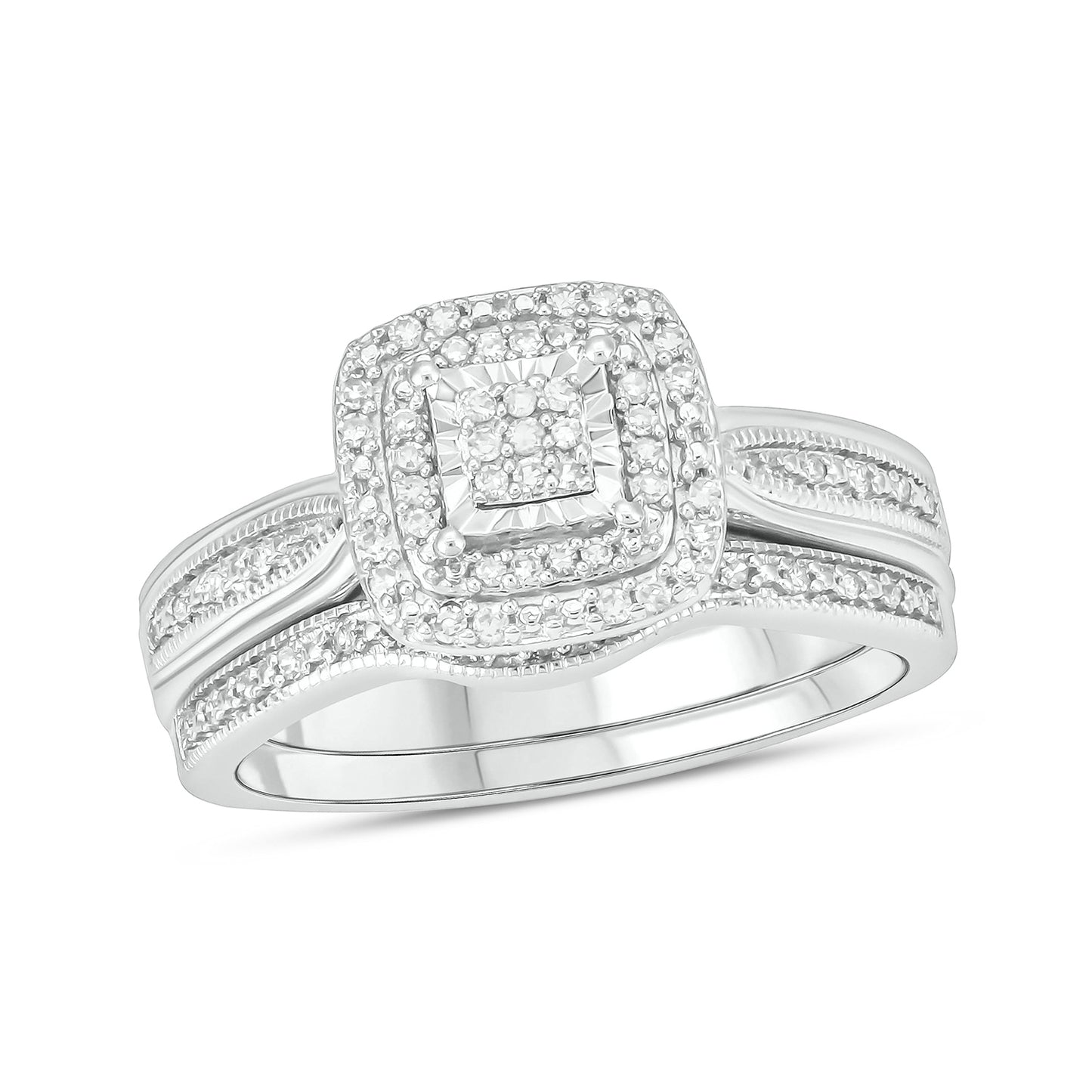 Double Halo Cluster Wedding Ring Set in 925 Sterling Silver