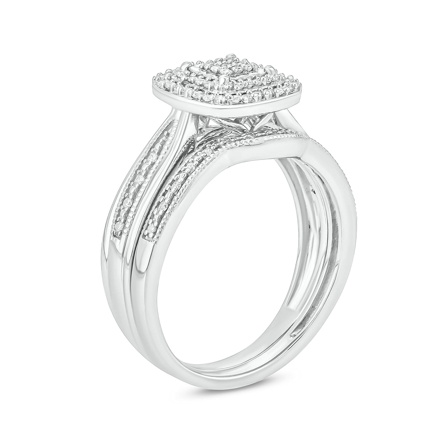 Double Halo Cluster Wedding Ring Set in 925 Sterling Silver