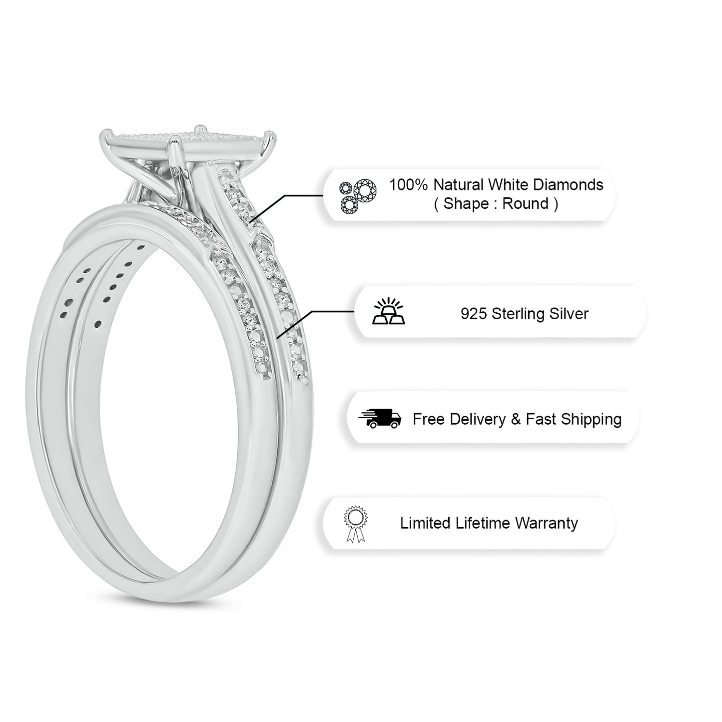 Exclusive Princess Natural Diamonds Wedding Ring Set in 925 Sterling Silver