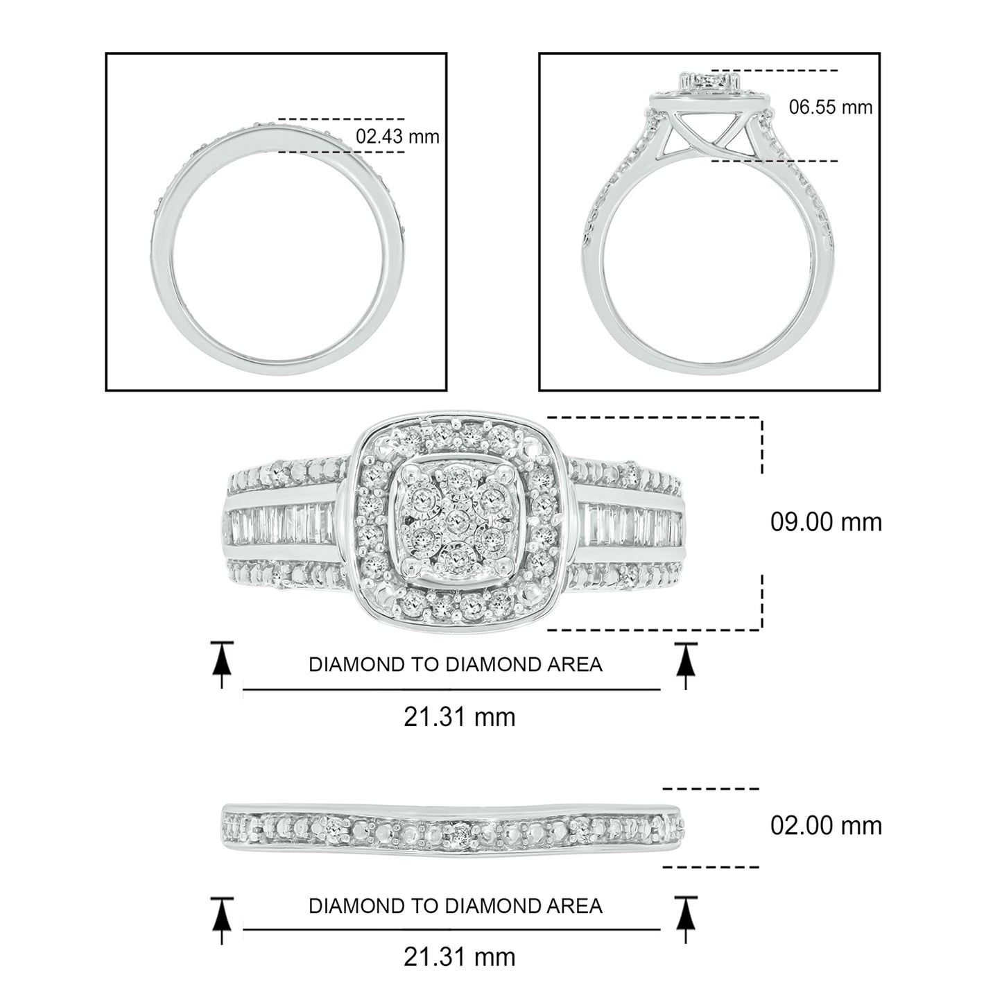 Elegant Cushion Natural Diamonds Wedding Ring Set in 925 Sterling Silver