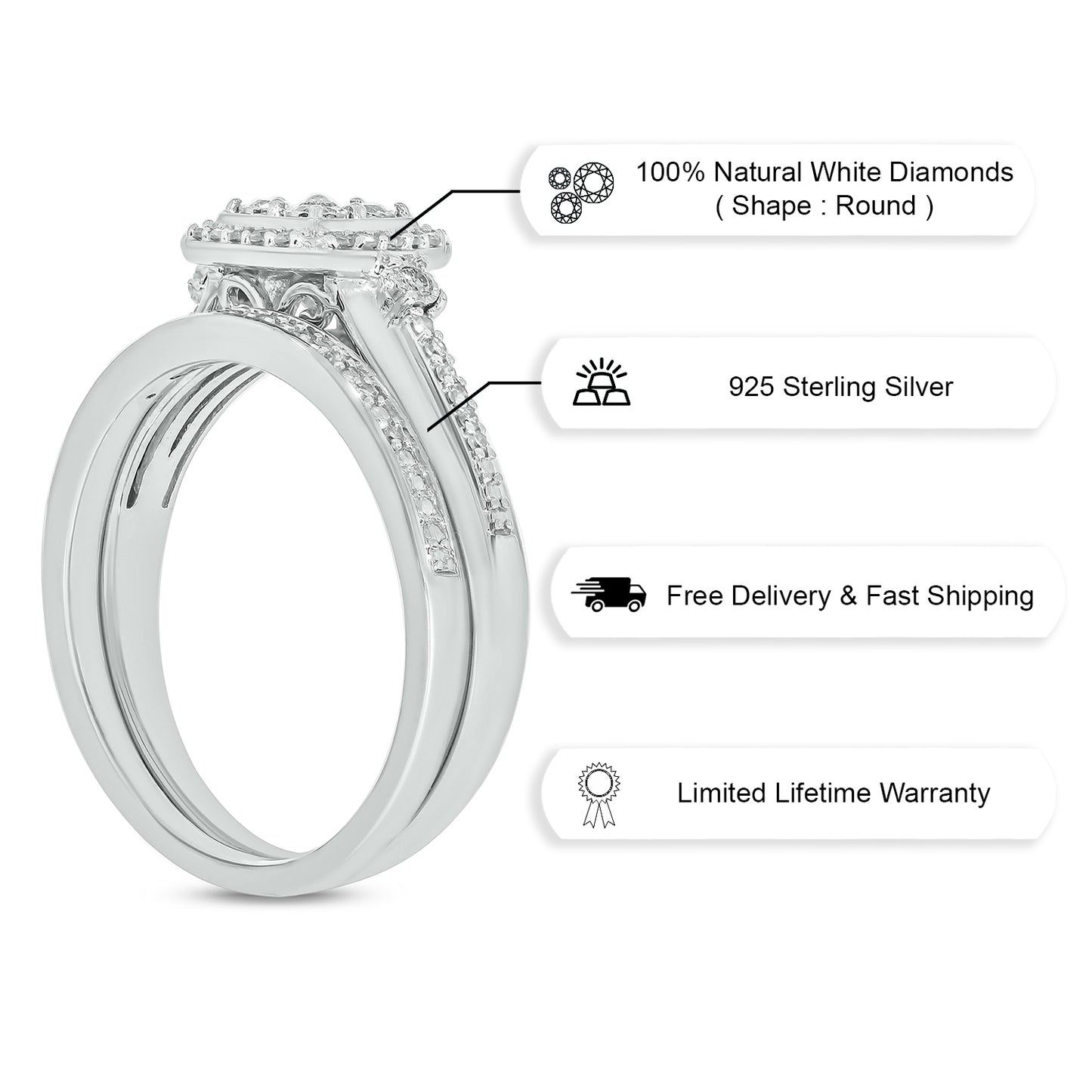 Glamorous Cushion Natural Diamonds Wedding Ring Set in 925 Sterling Silver