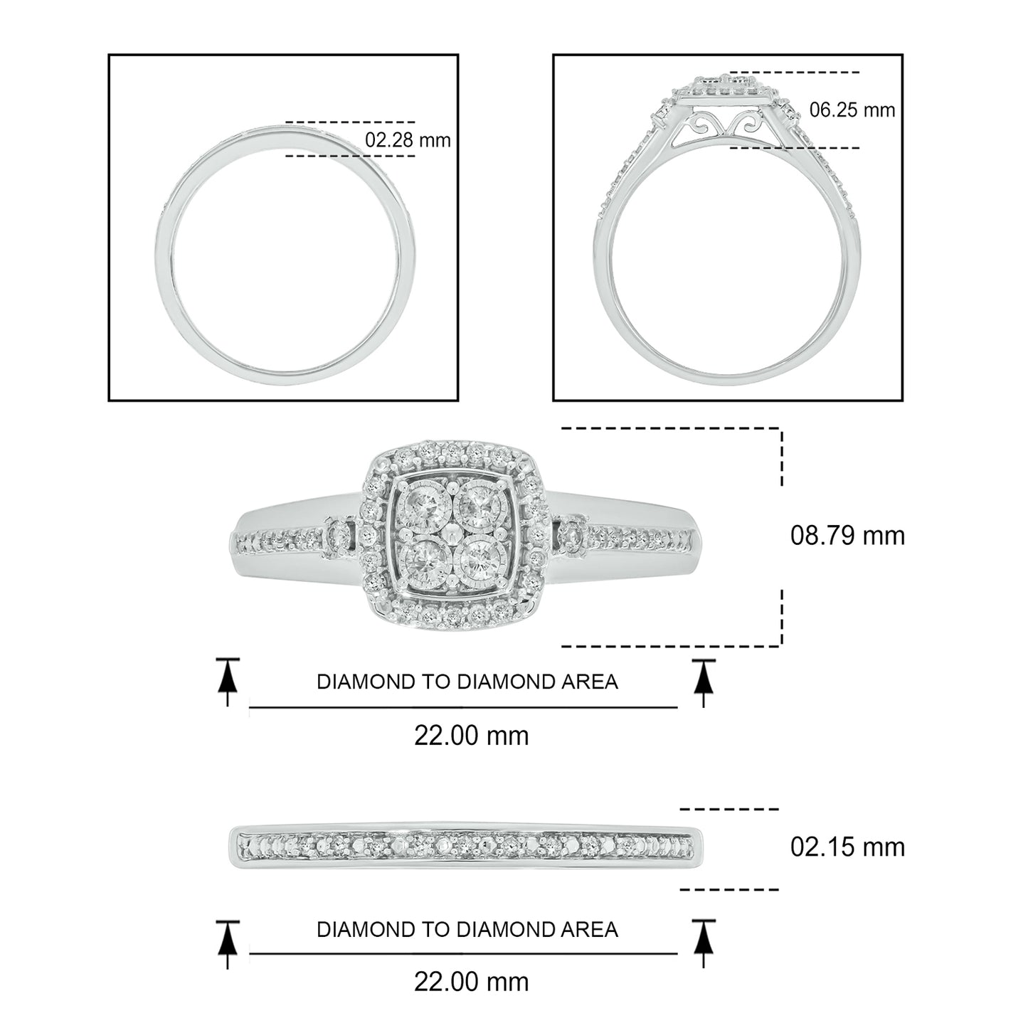 Glamorous Cushion Natural Diamonds Wedding Ring Set in 925 Sterling Silver