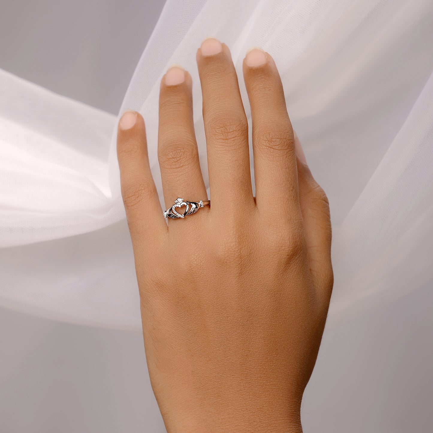 18K Gold Plated Claddagh Diamond Ring in 925 Sterling Silver