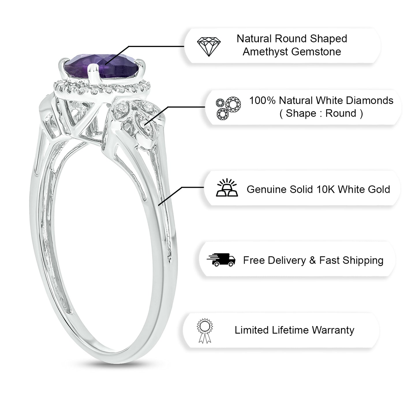 10K Gold Floral Amethyst & Diamond Ring