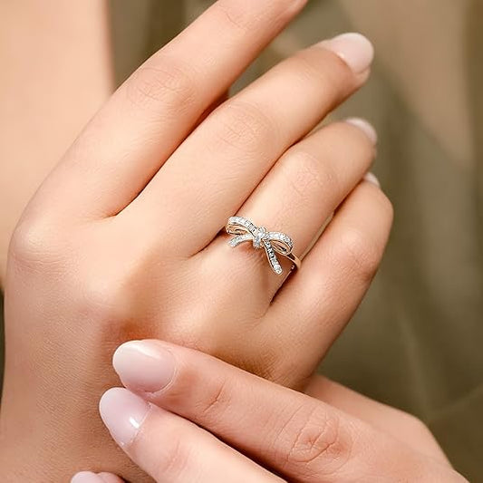 Diamond Bow Ring 925S Pink Plated Sterling Silver