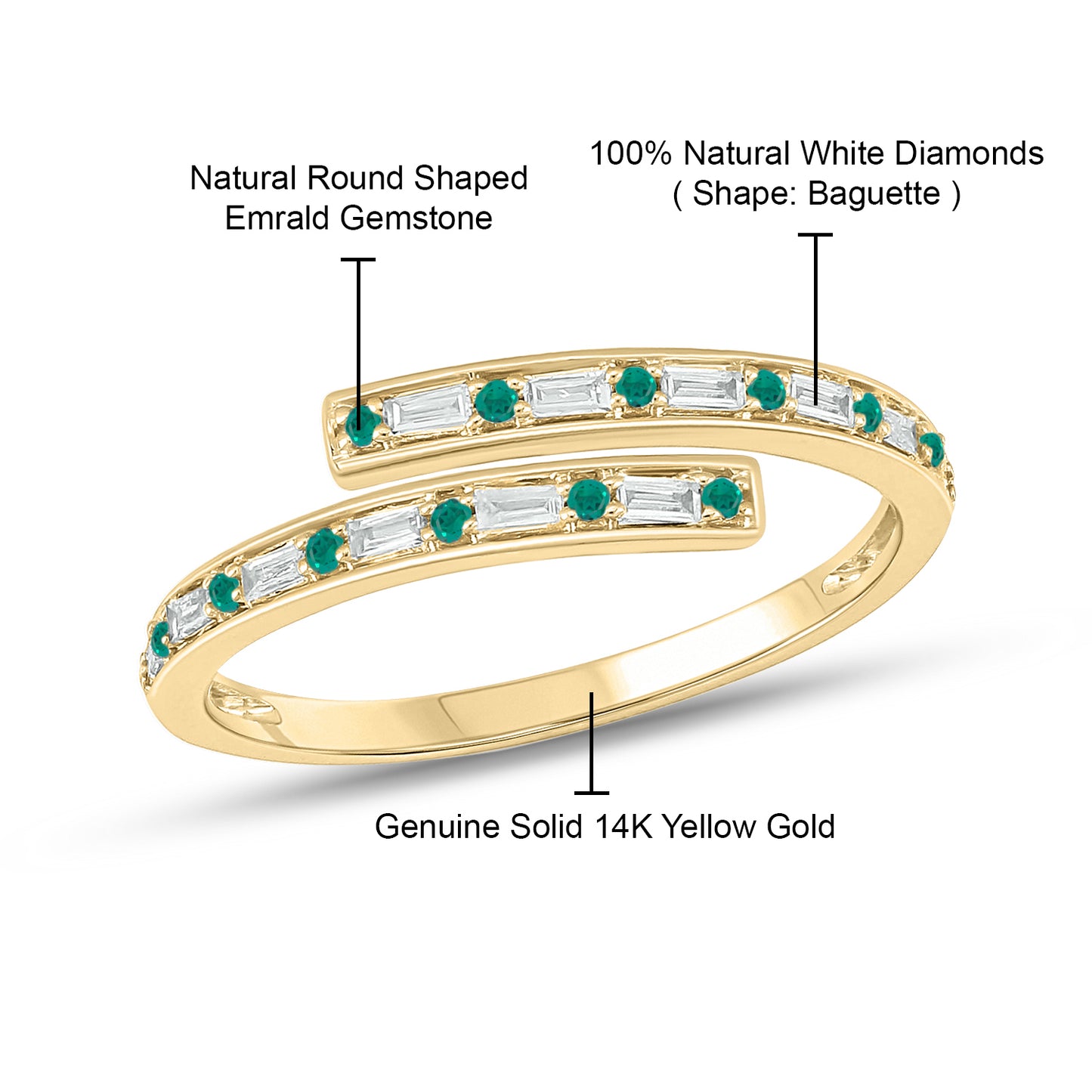 14K Gold Minimal Bypass Ring - Emerald & Natural Diamonds