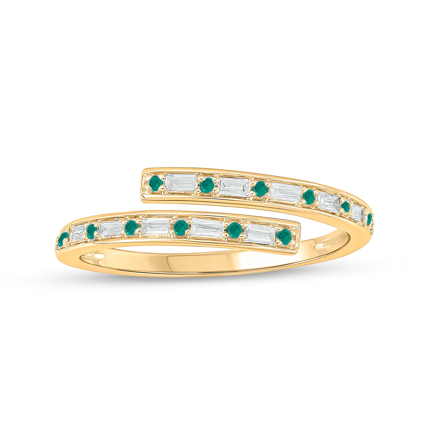 14K Gold Minimal Bypass Ring - Emerald & Natural Diamonds