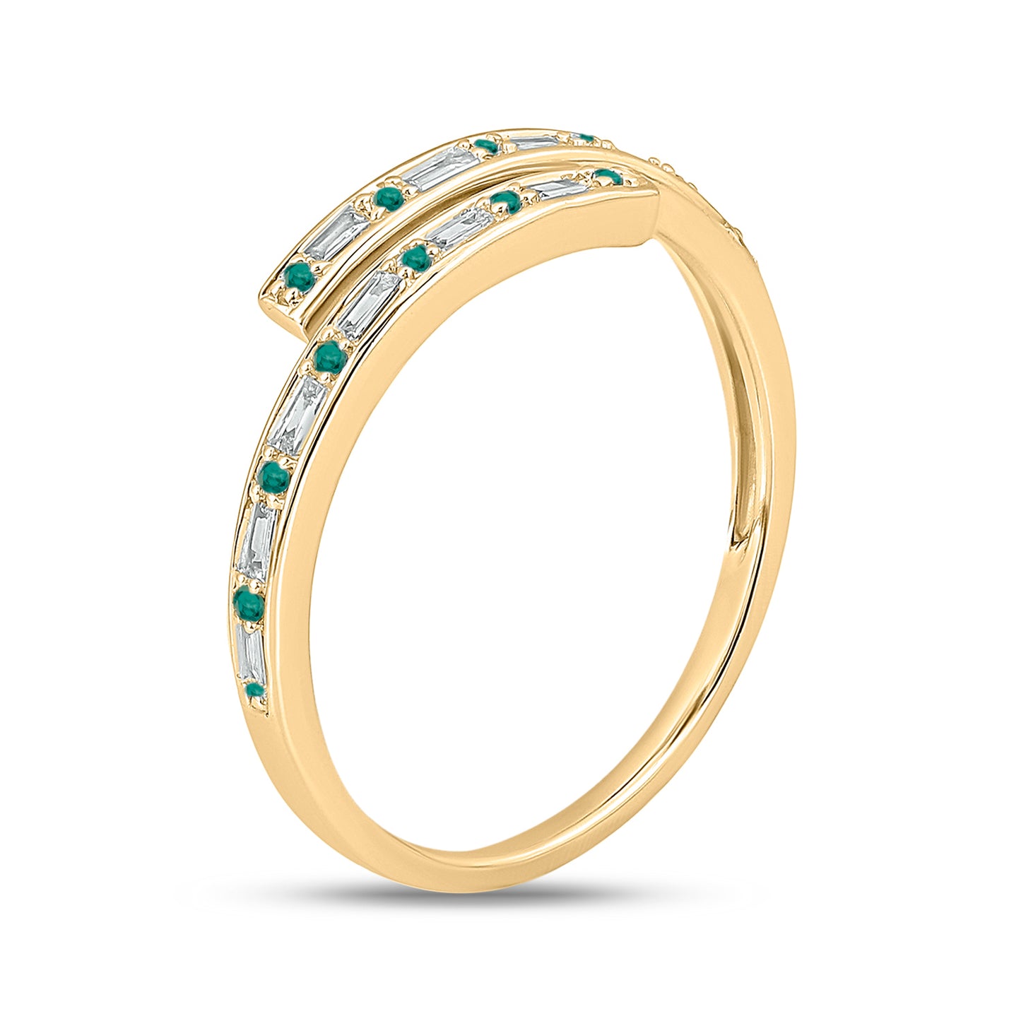 14K Gold Minimal Bypass Ring - Emerald & Natural Diamonds