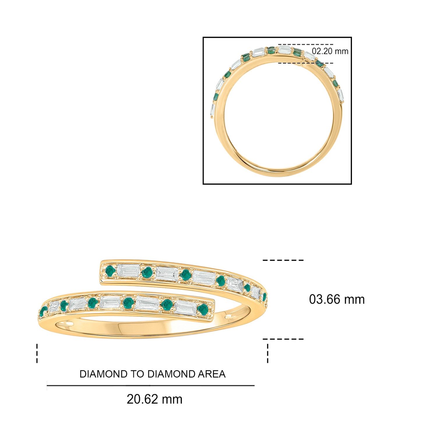 14K Gold Minimal Bypass Ring - Emerald & Natural Diamonds