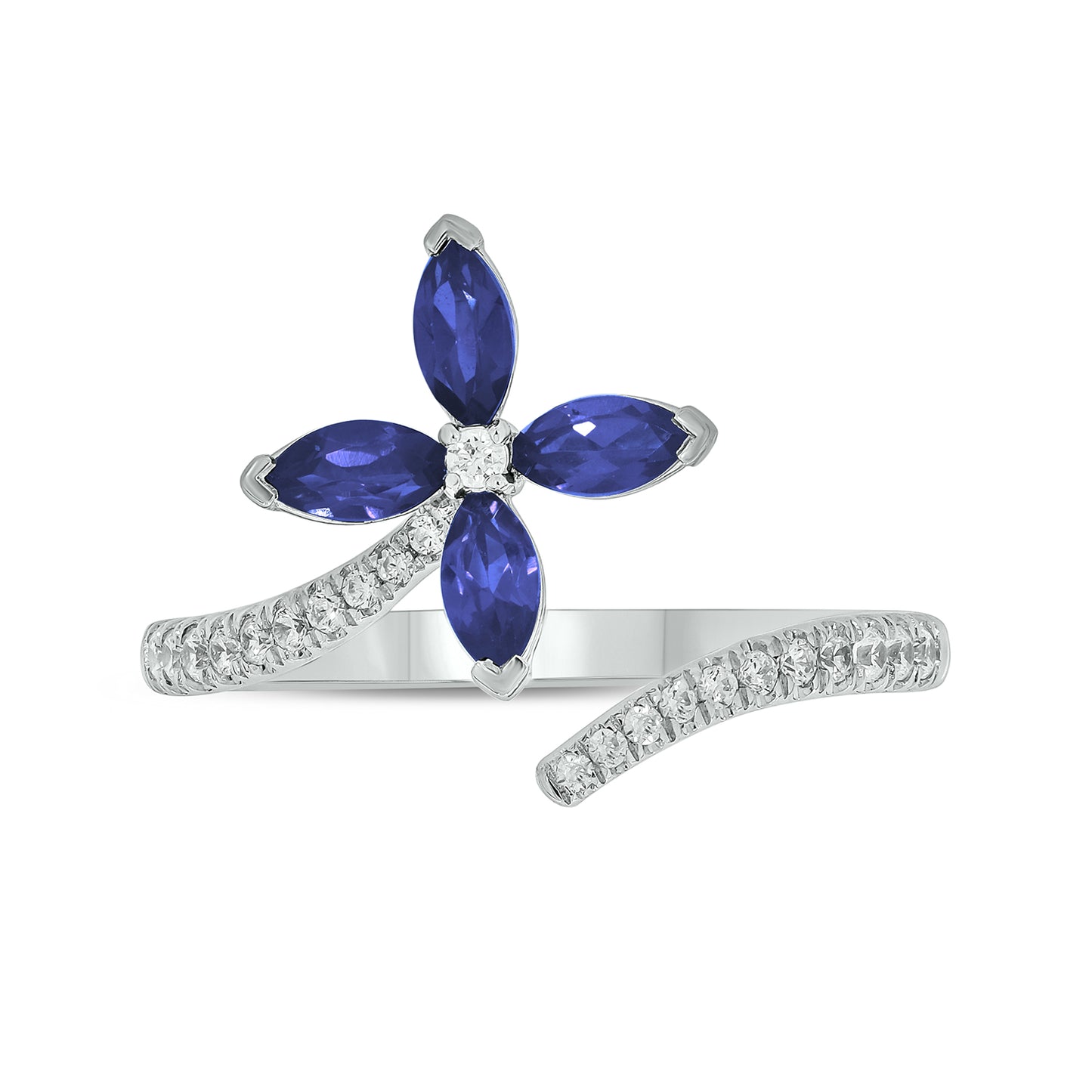 14KT Gold Luxurious Floral Blue Sapphire & Diamond Open Ring