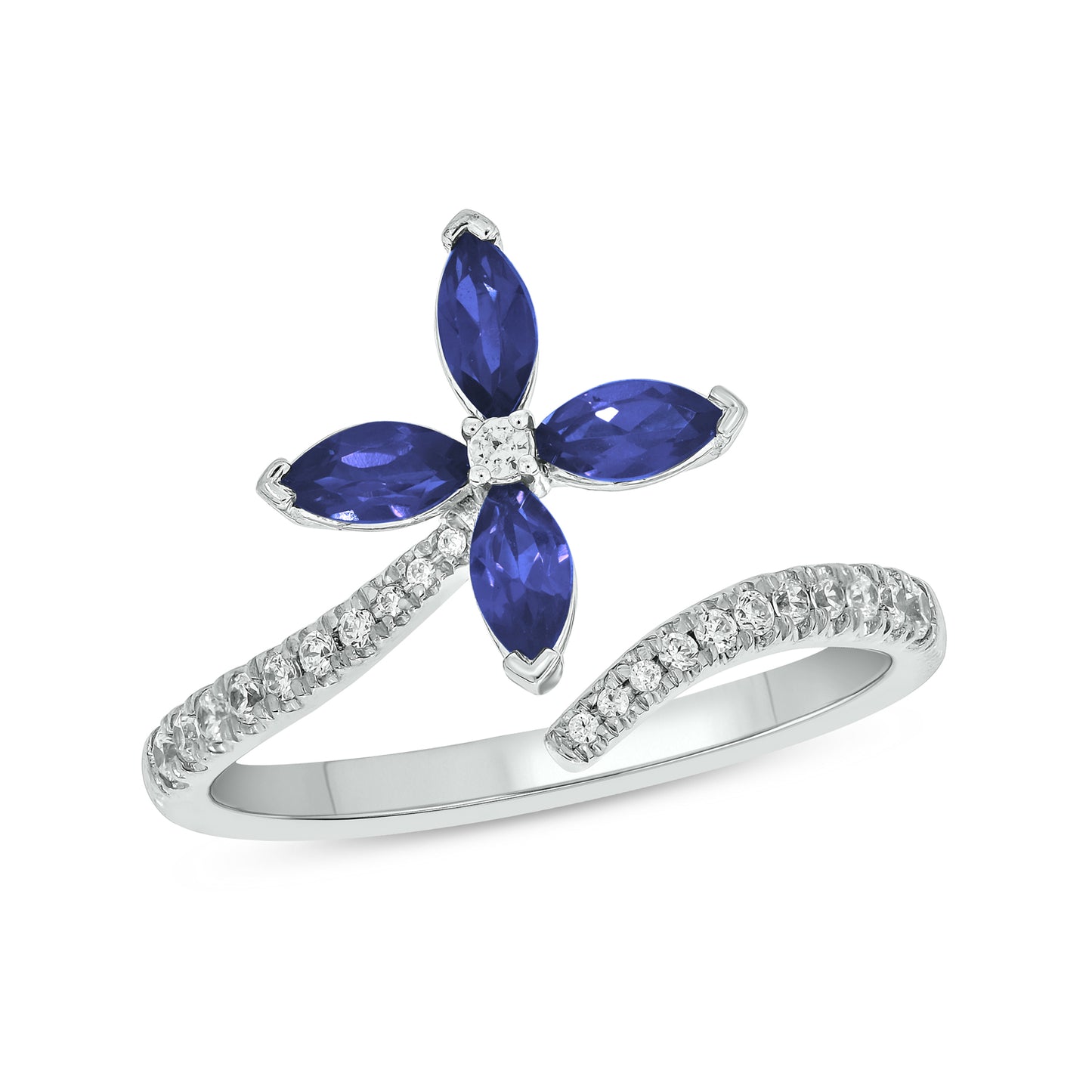 14KT Gold Luxurious Floral Blue Sapphire & Diamond Open Ring