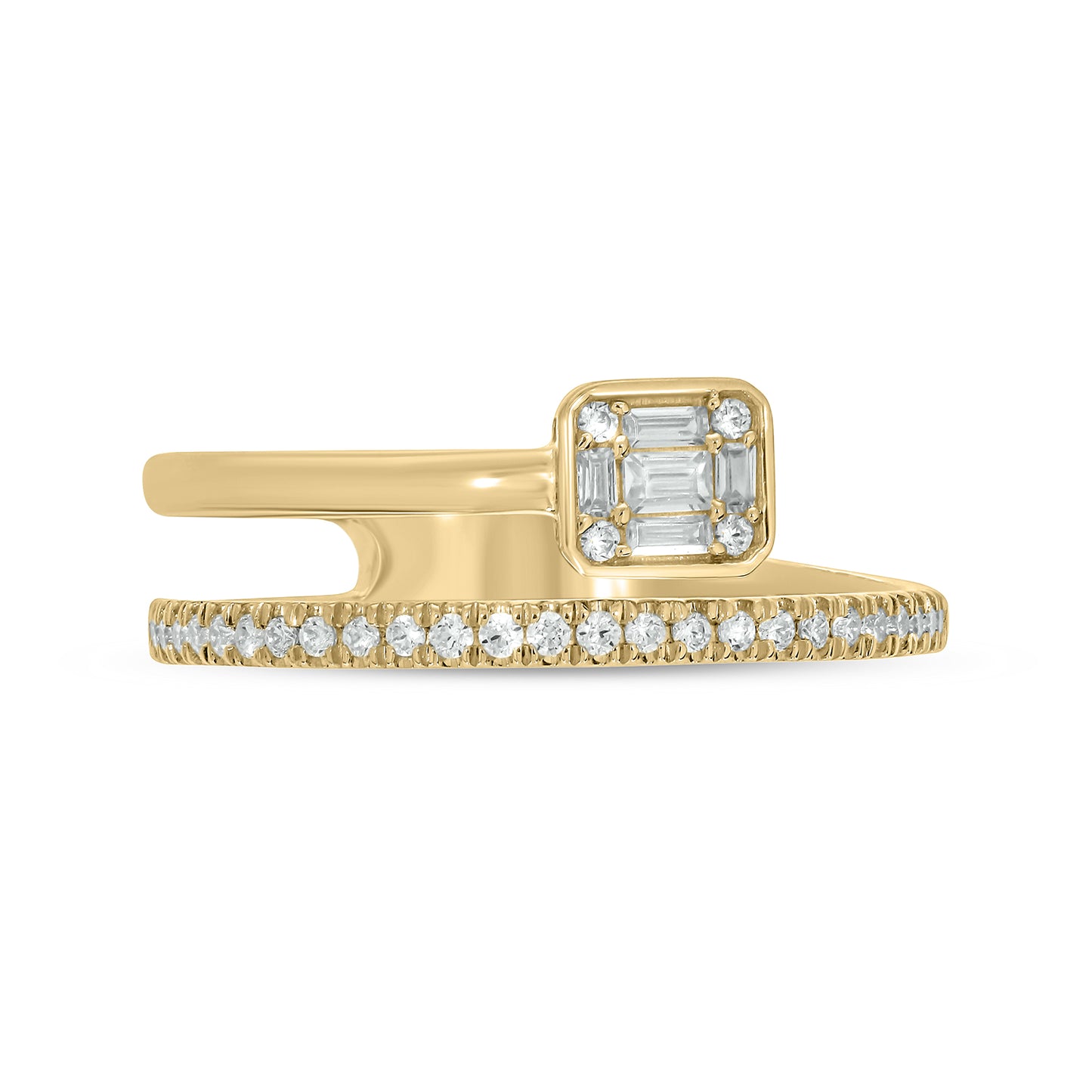 14KT Gold, Diamond Studded Stylish Two Row Open Ring