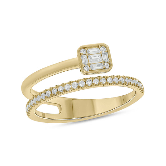 14KT Gold, Diamond Studded Stylish Two Row Open Ring