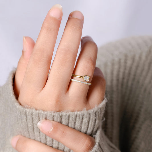 14KT Gold, Diamond Studded Stylish Two Row Open Ring