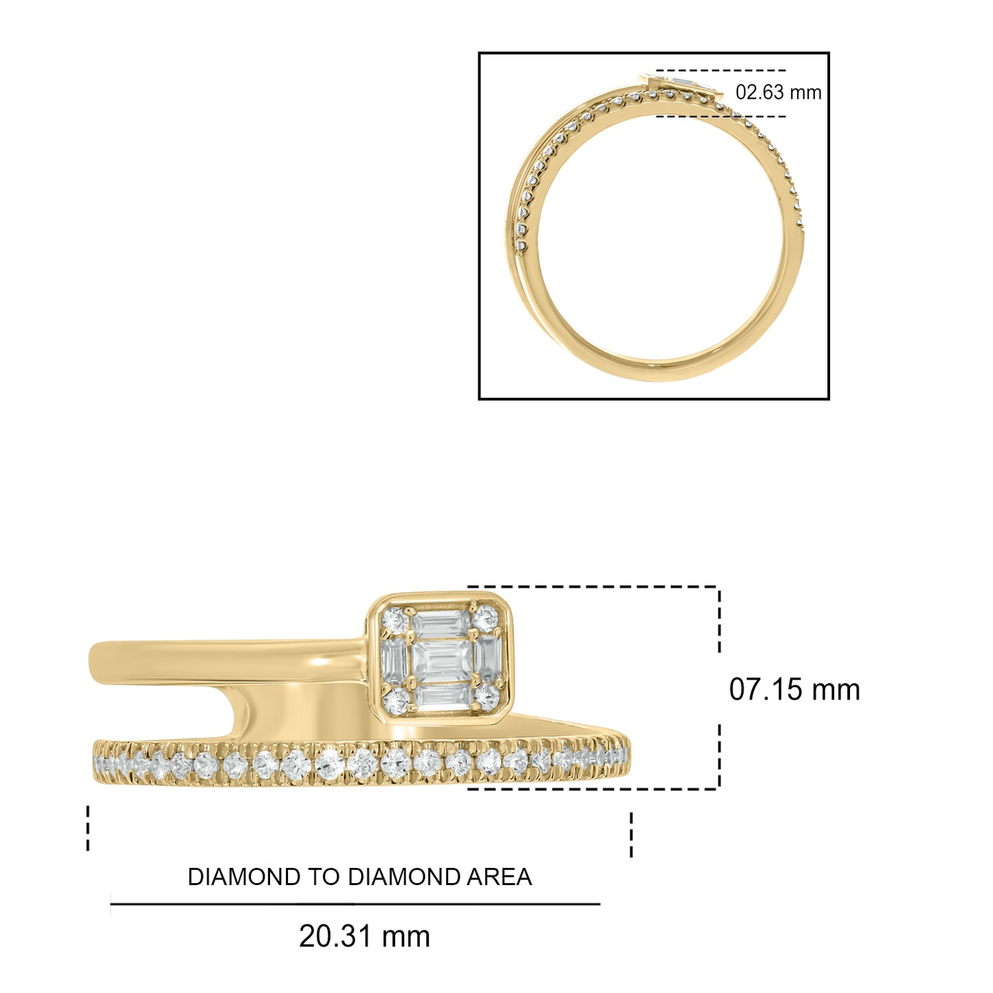 14KT Gold, Diamond Studded Stylish Two Row Open Ring