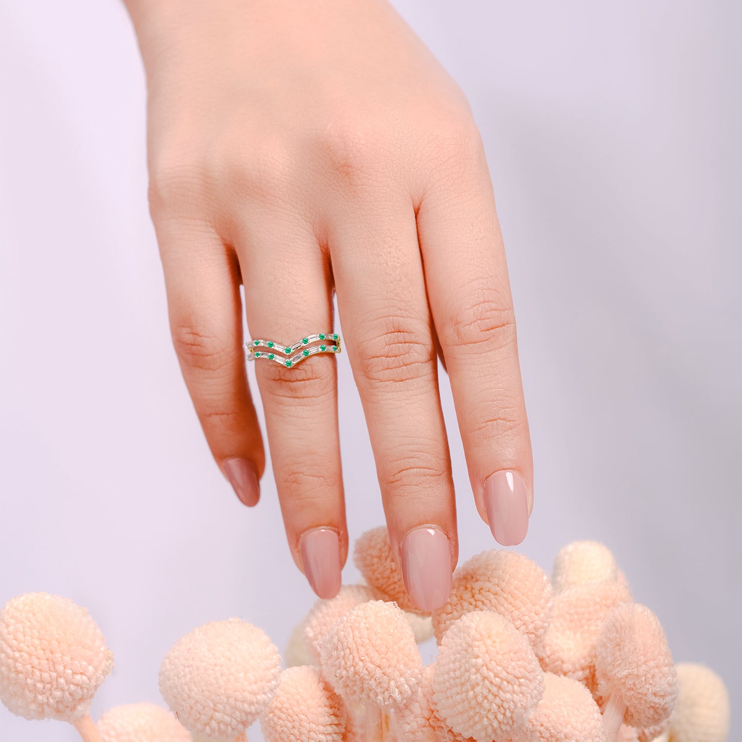 Two Row Emerald & Diamond Chevron Ring in 14K Gold