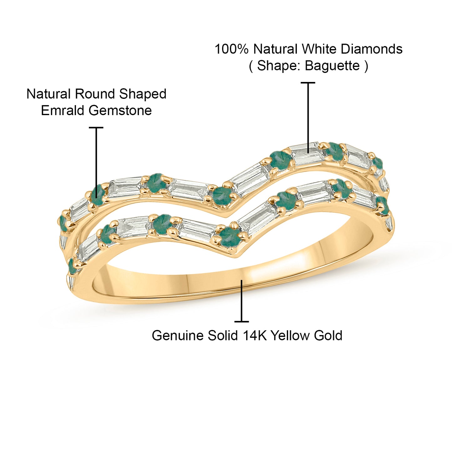 Two Row Emerald & Diamond Chevron Ring in 14K Gold