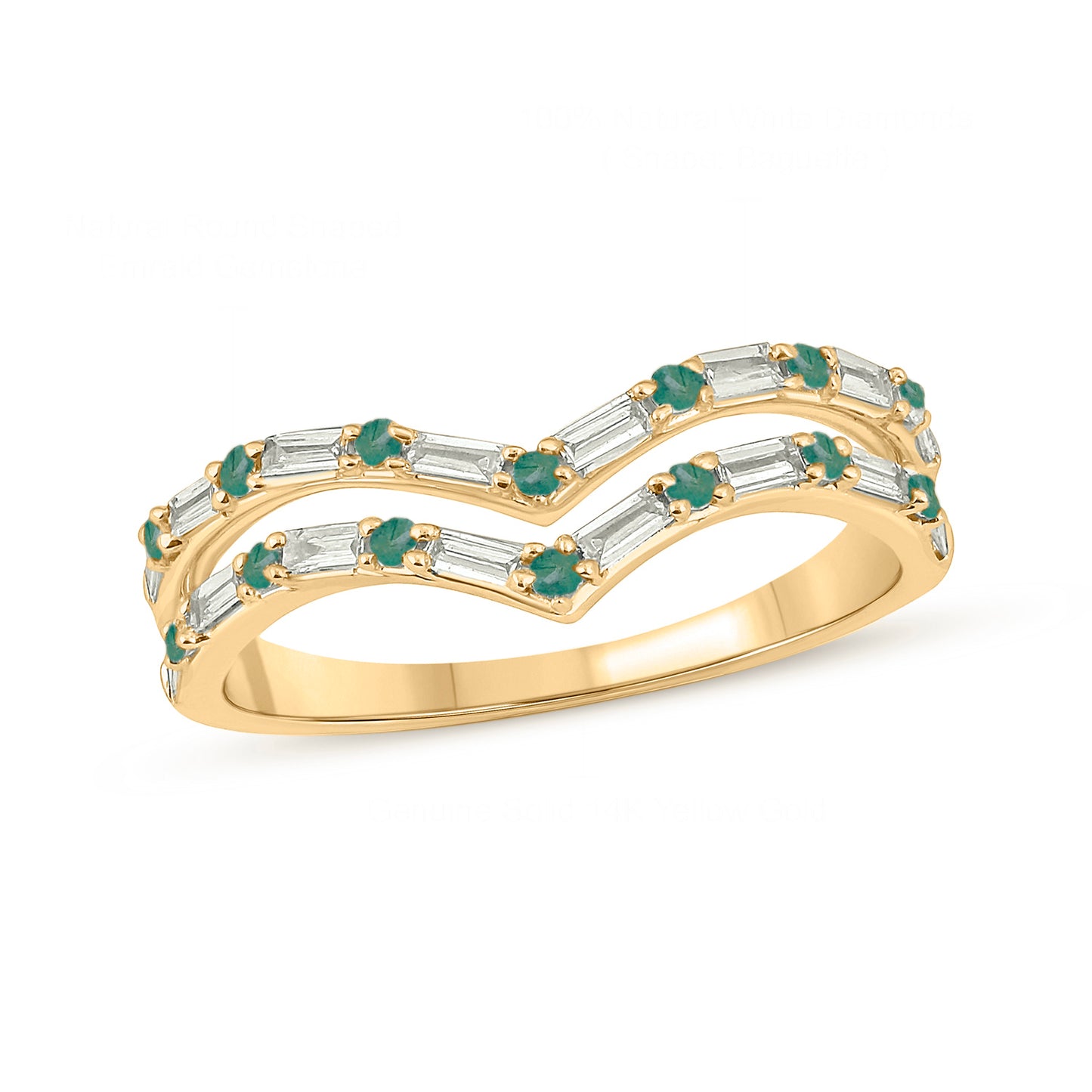 Two Row Emerald & Diamond Chevron Ring in 14K Gold