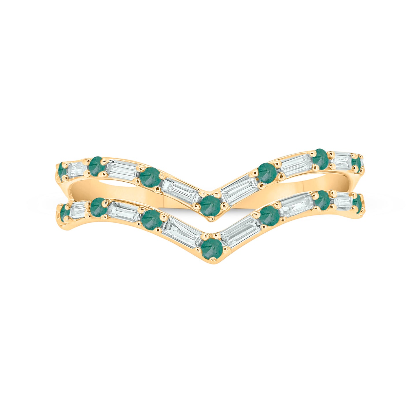 Two Row Emerald & Diamond Chevron Ring in 14K Gold