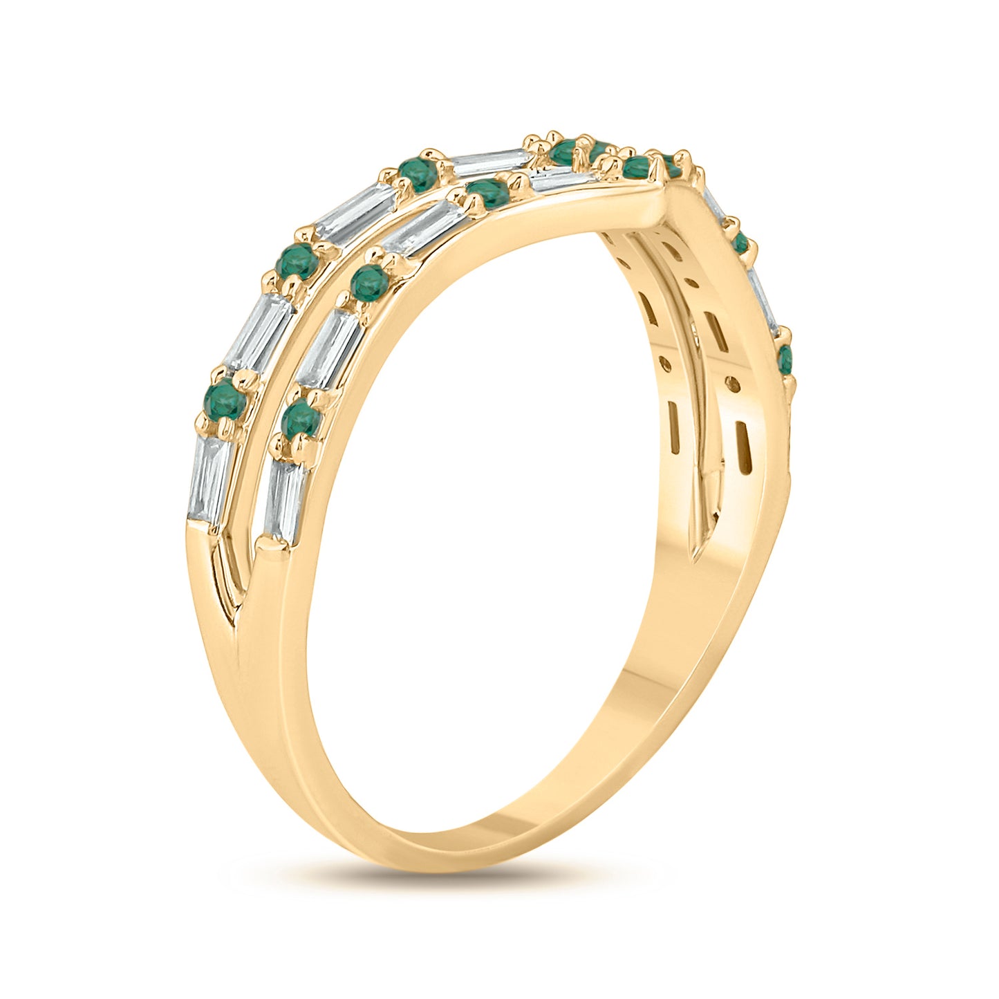Two Row Emerald & Diamond Chevron Ring in 14K Gold