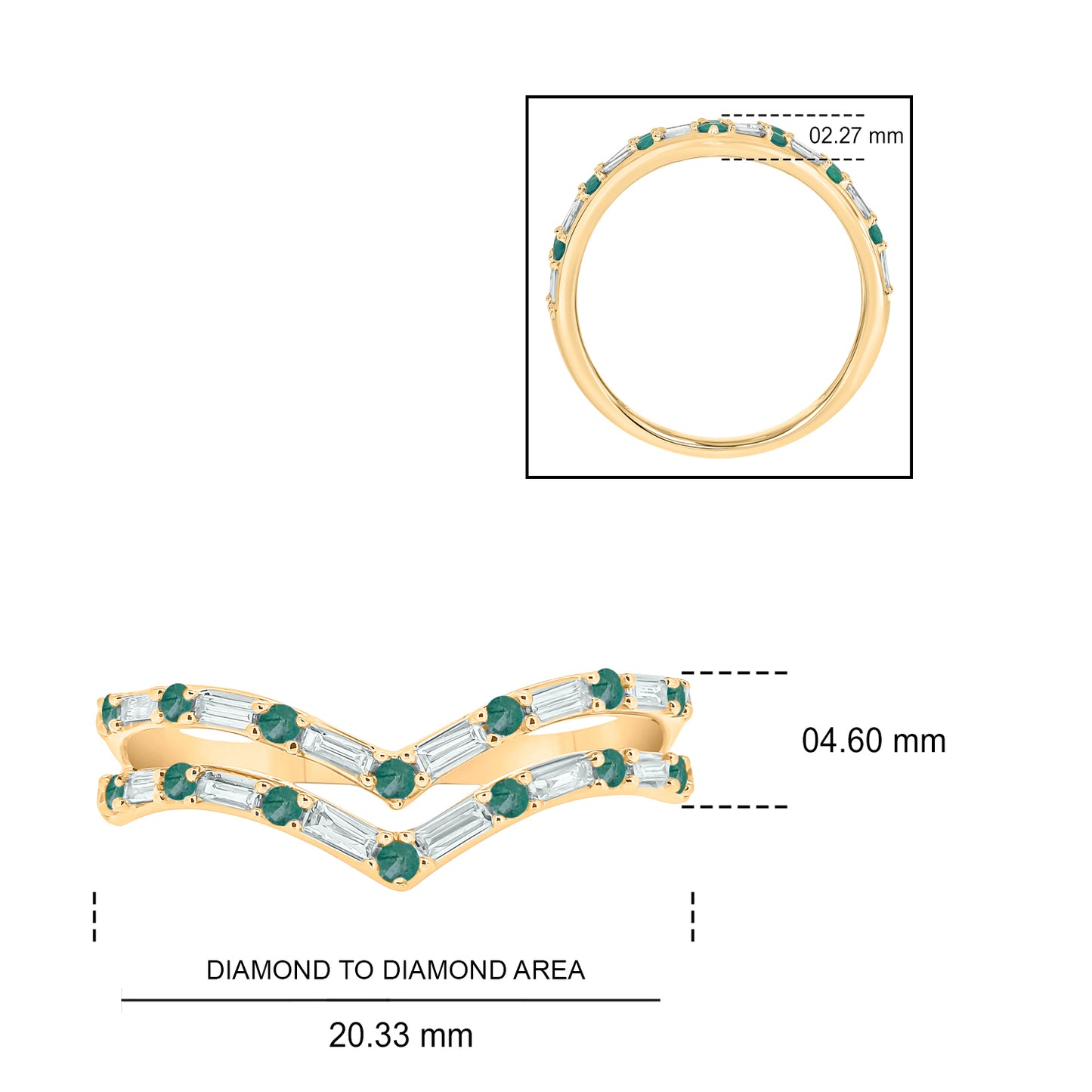 Two Row Emerald & Diamond Chevron Ring in 14K Gold