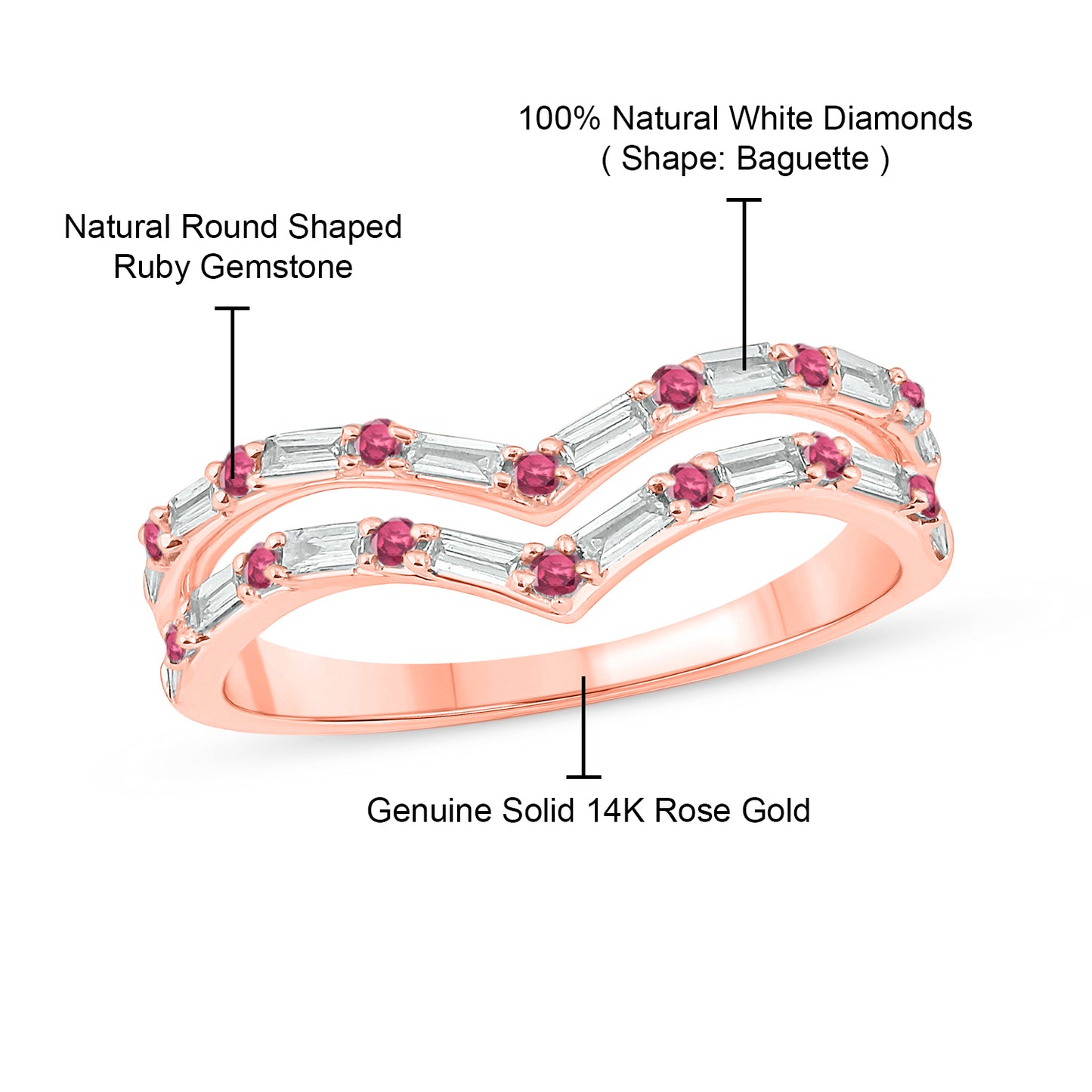 Two Row Ruby & Diamond Chevron Ring in 14K Gold
