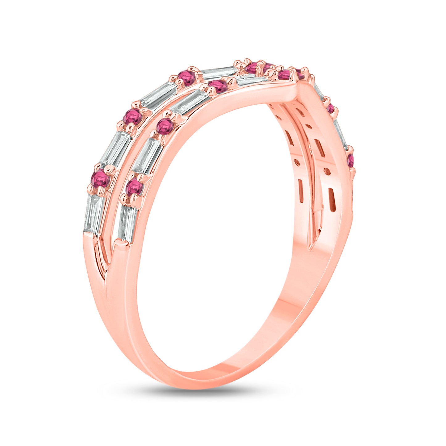 Two Row Ruby & Diamond Chevron Ring in 14K Gold