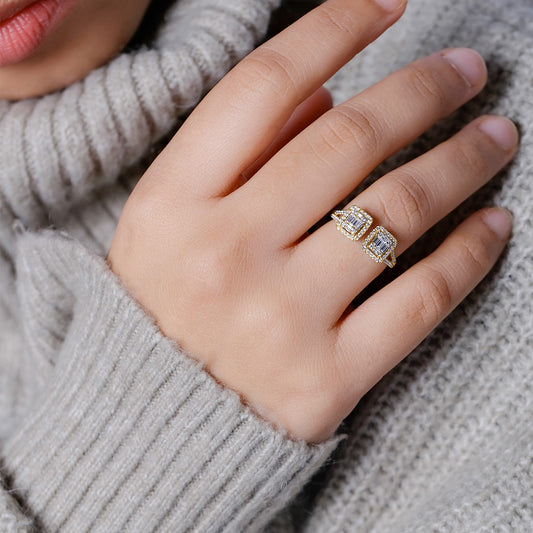 14KT Gold, Round & Baguette Diamond Studded Open Ring