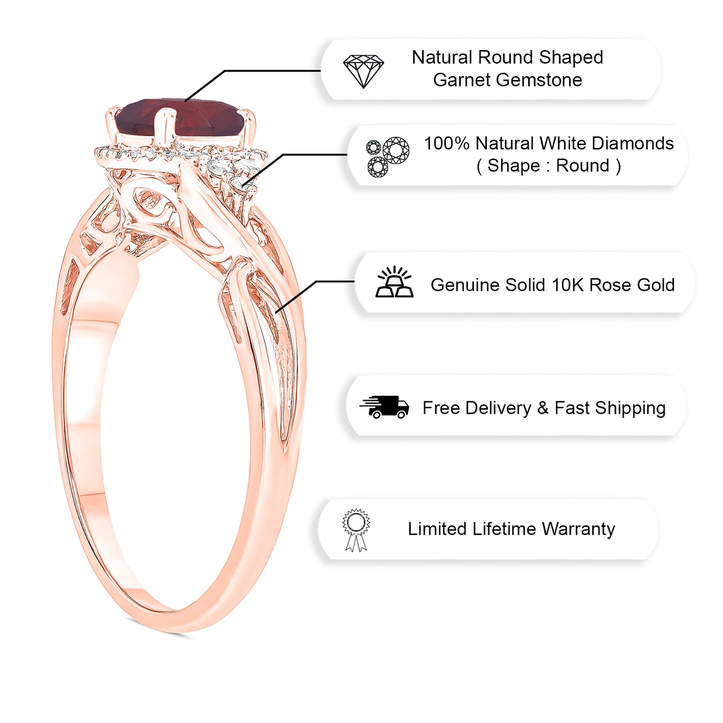 10K Gold Classic Gemstone & Diamond Ring - Garnet, Morganite