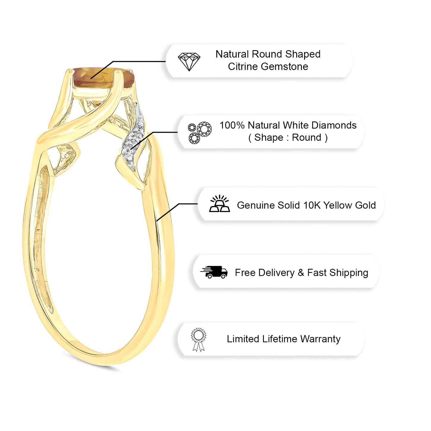 10K Gold Nouveau Perido, Citrine Gemstone & Diamond Ring