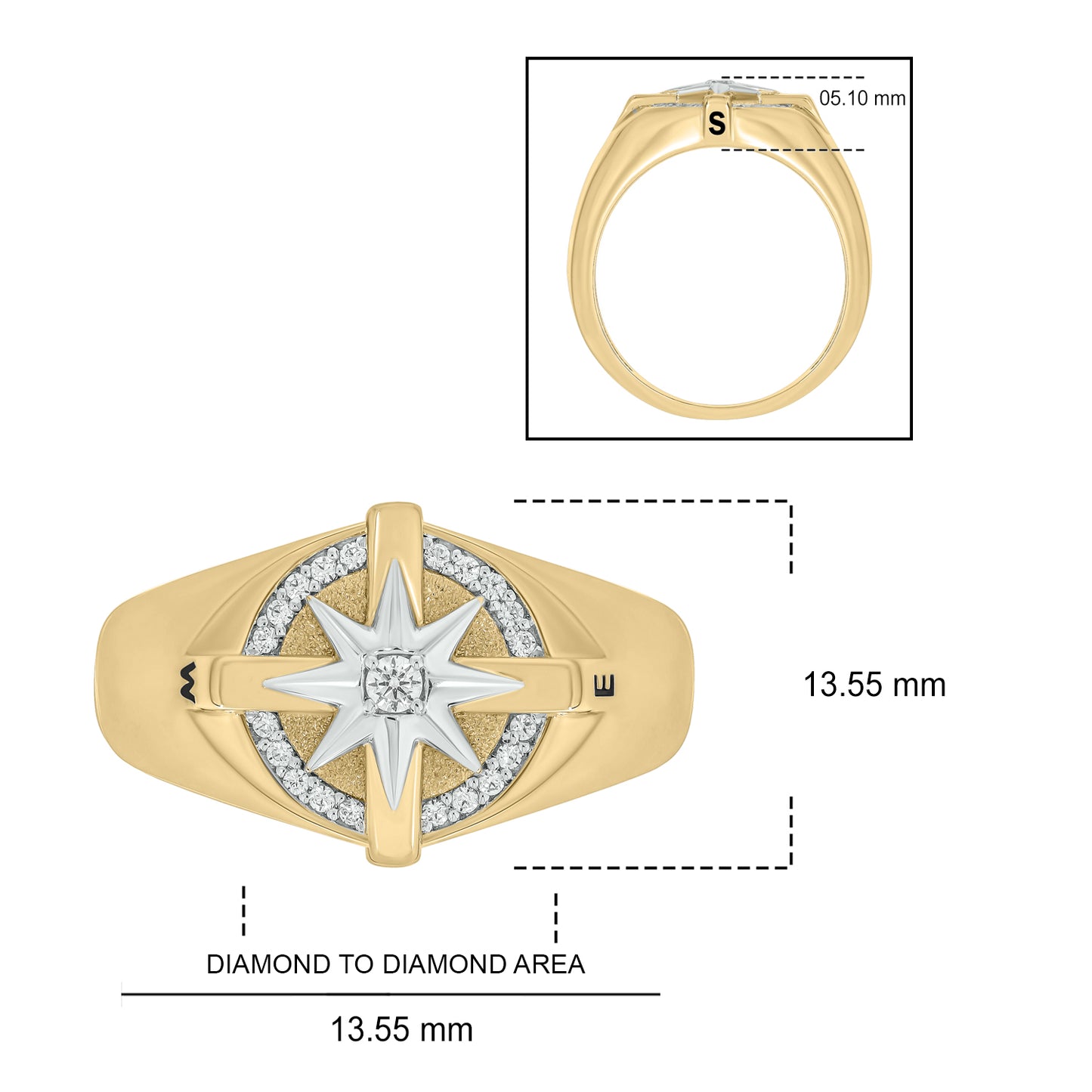 14K Gold Vermeil Men's Compass Diamond Ring