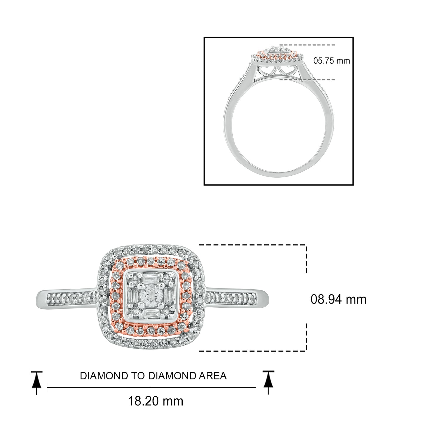 Classic Cushion Shape Promise Ring in 925 Sterling Silver, Round & Baguette Diamonds