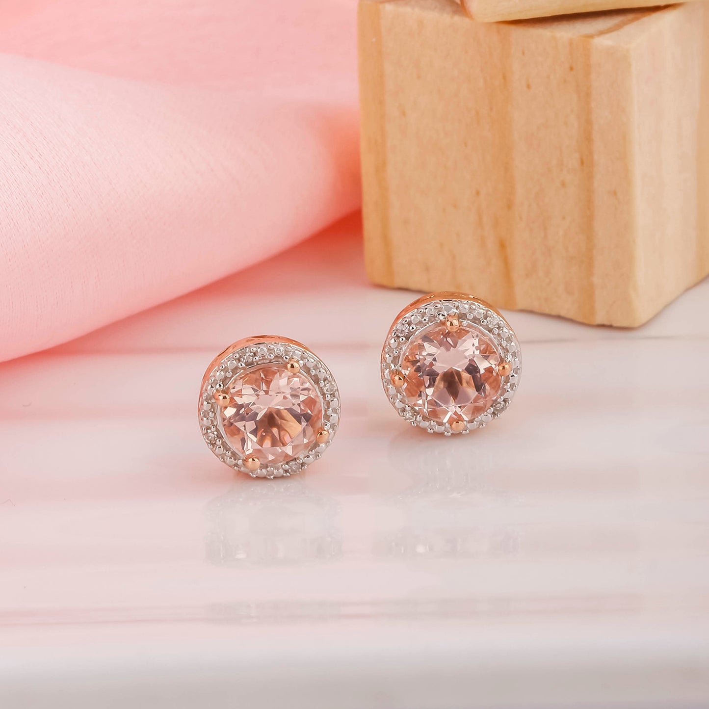 18K Gold Vermeil Diamond Stud Earrings with Ruby & Morganite Gemstones