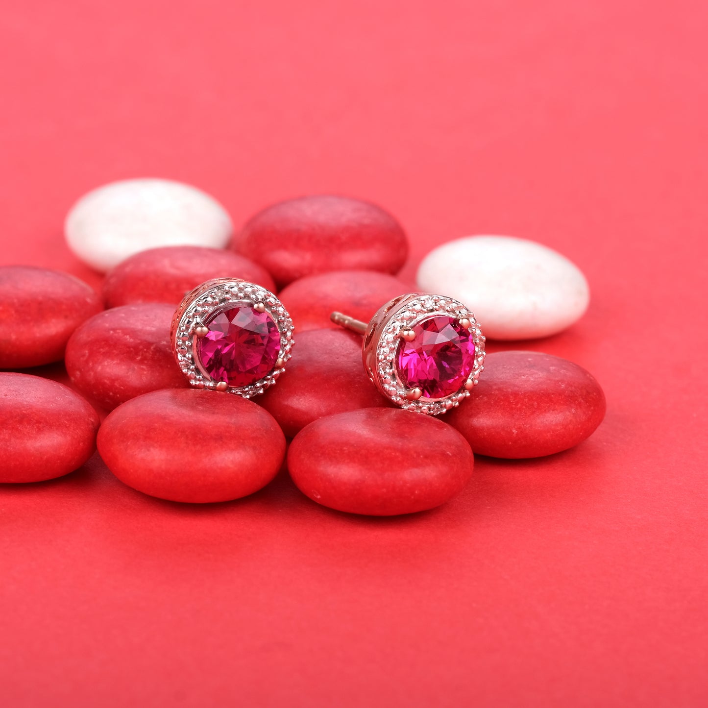 18K Gold Vermeil Diamond Stud Earrings with Ruby & Morganite Gemstones