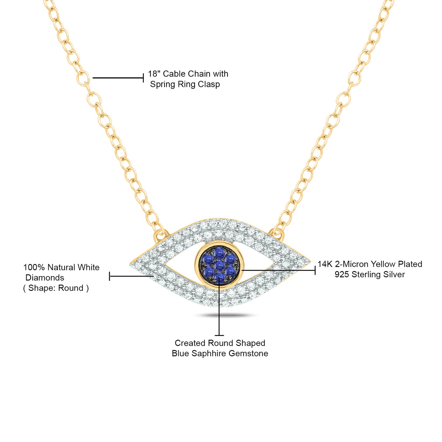 14K Gold Vermeil Evil Eye Blue Sapphire Gemstone and Diamond Necklace