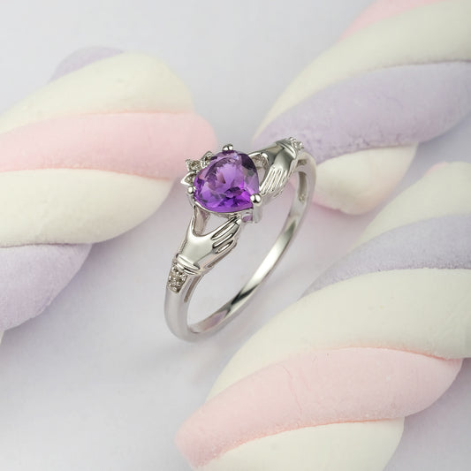 10K Gold Claddagh Amethyst Diamond Ring