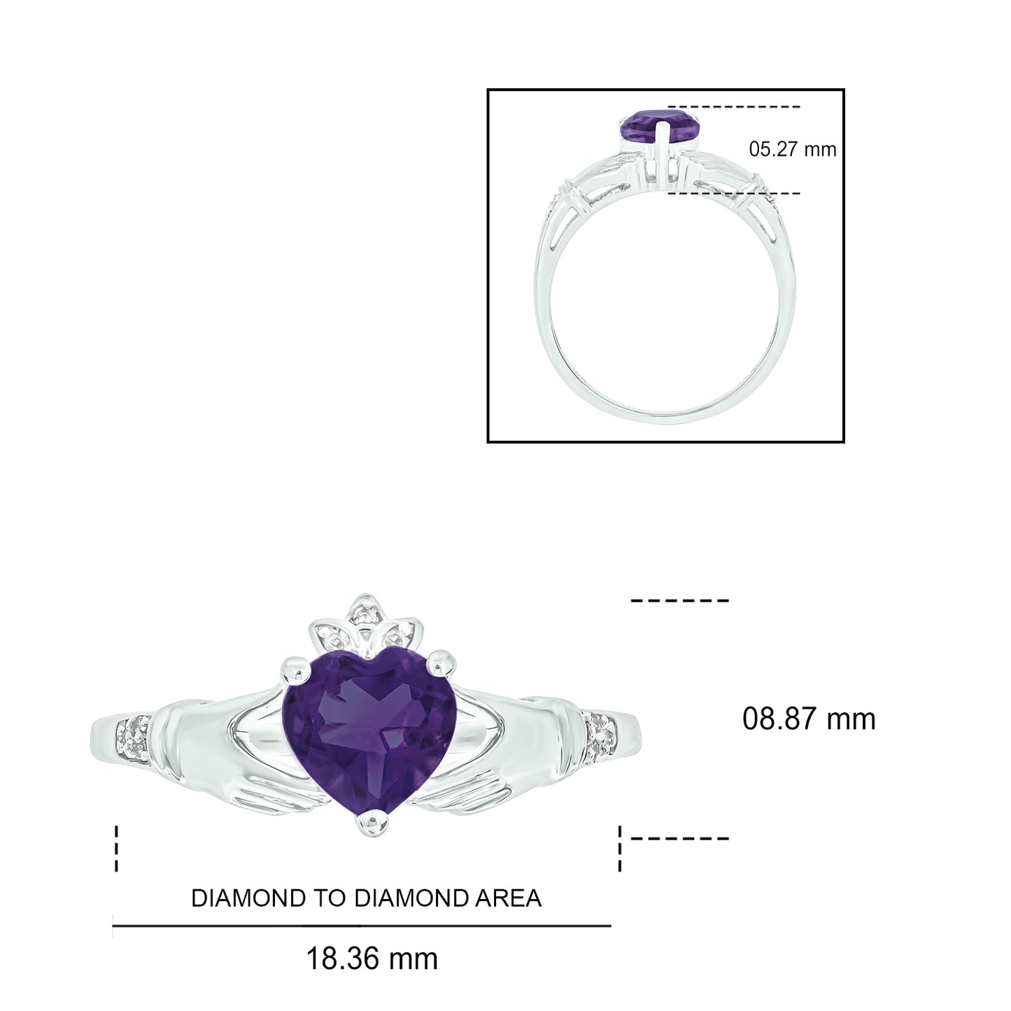 10K Gold Claddagh Amethyst Diamond Ring