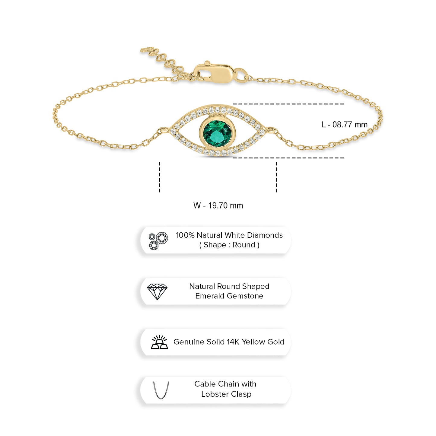 14K Gold, Emerald Evil Eye Diamond Bracelet