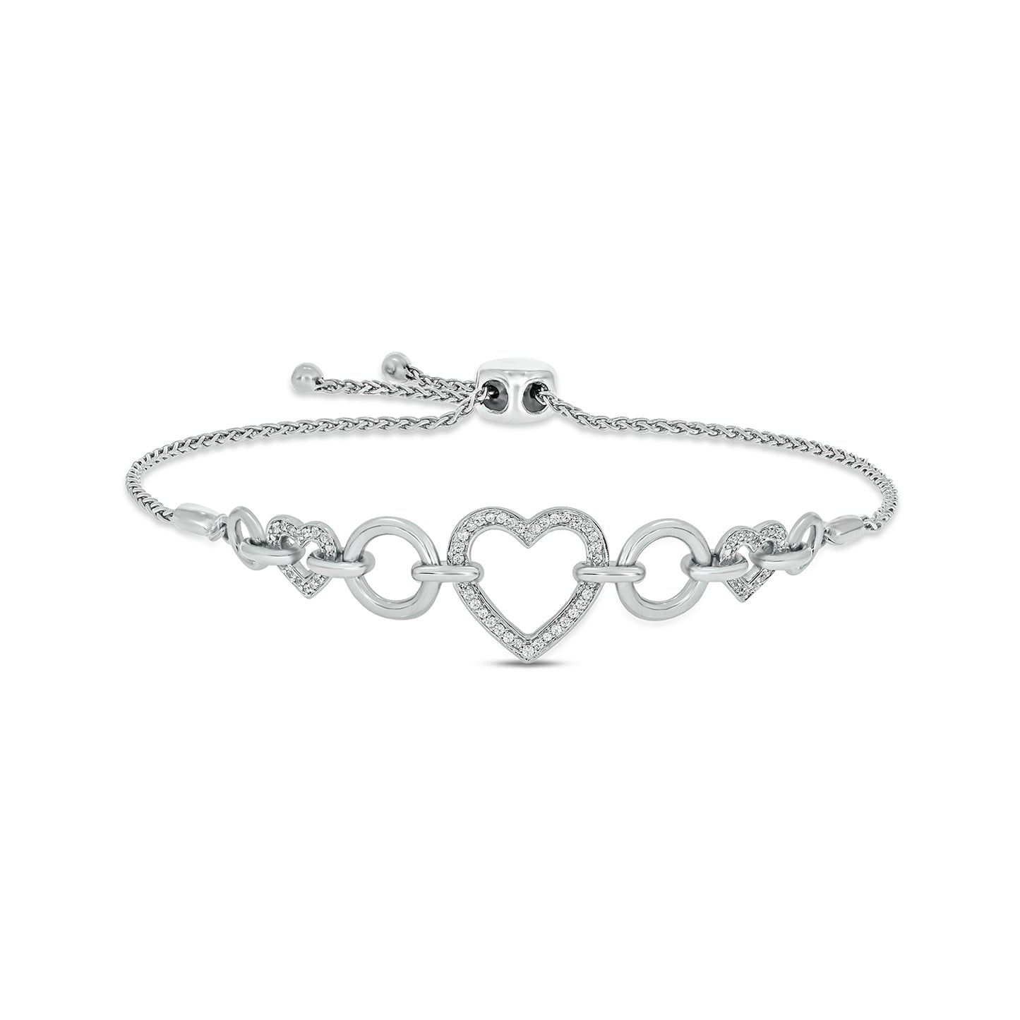 Trendy Diamond Heart Link Bolo Bracelet In 925 Sterling Silver