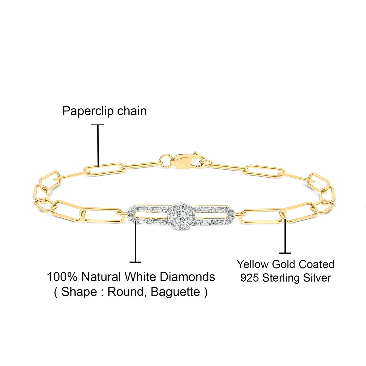 Gold Plated Sterling Silver Paper Clip Style Diamond Bracelet