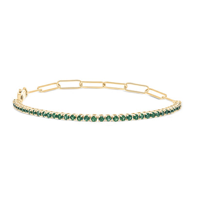 925 Sterling Silver Paper Clip & Emerald Gemstone Eternity Bracelet