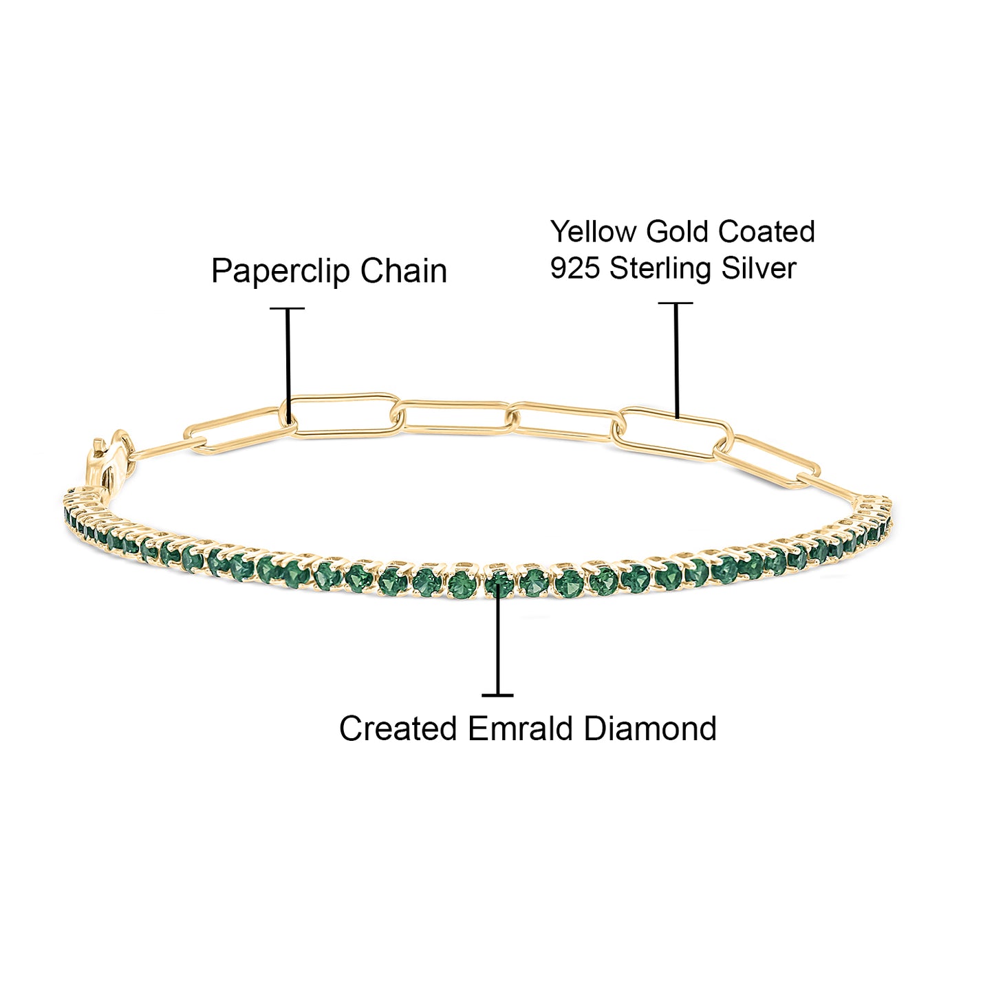 18K Gold Plated Paper Clip & Half Tennis Bracelet in 925 Sterling Silver with Emerald Gemstones