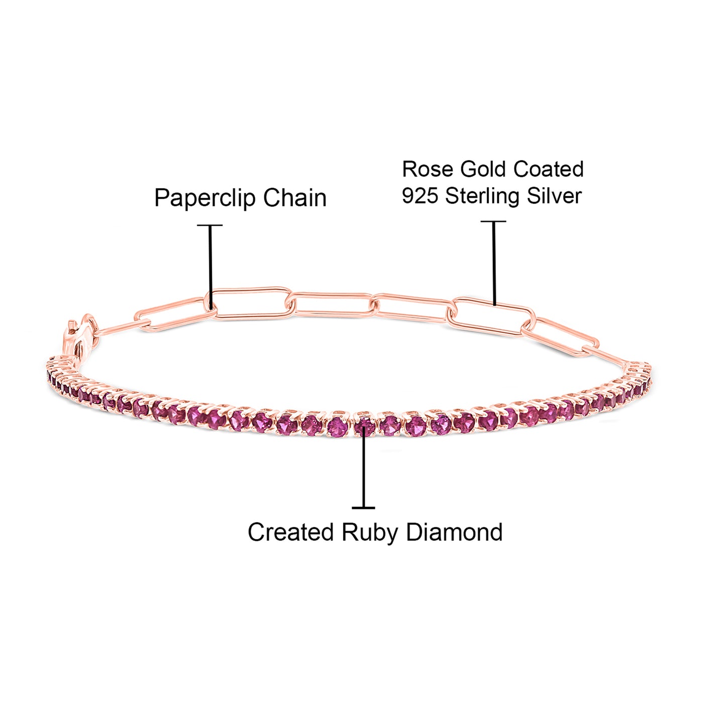 18K Rose Gold Plated Paper Clip & Ruby Gemstone Tennis Bracelet in 925 Sterling Silver