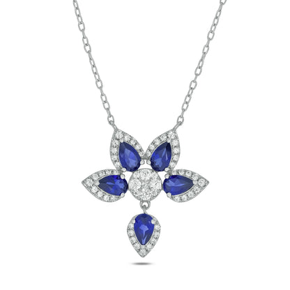 14KT Gold Floral Necklace in Blue Sapphire & Diamond