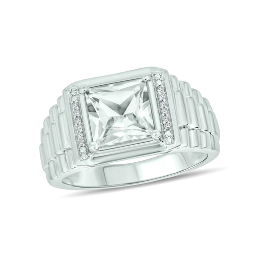 925 Sterling Silver Men's Square Created Gemstone & Diamond Ring