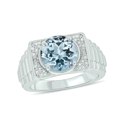 925 Sterling Silver Men's Round Created Gemstone & Diamond Ring