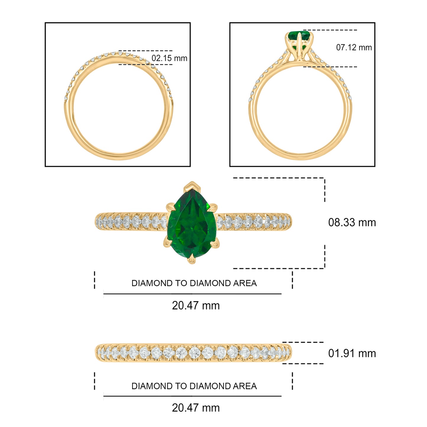 10KT Gold Classic Pear Shaped Green Emerald Solitaire & Diamond Wedding Ring Set