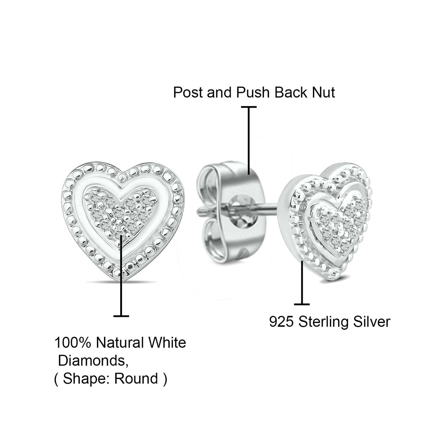 925 Sterling Silver Cluster Heart Diamond Stud Earrings